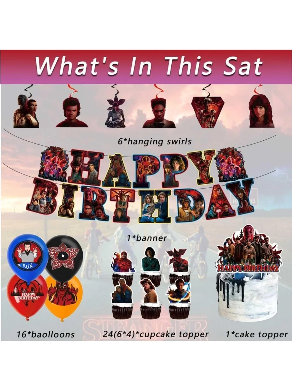 Stranger Things Happy Birthday Party Supplies Set - Red, Black, Orange